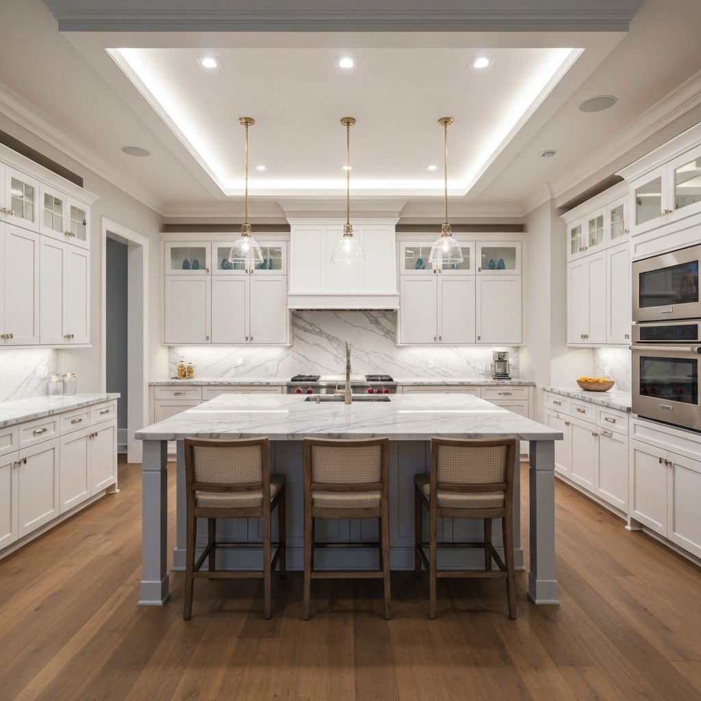 Modern white kitchen with marble countertops and center island