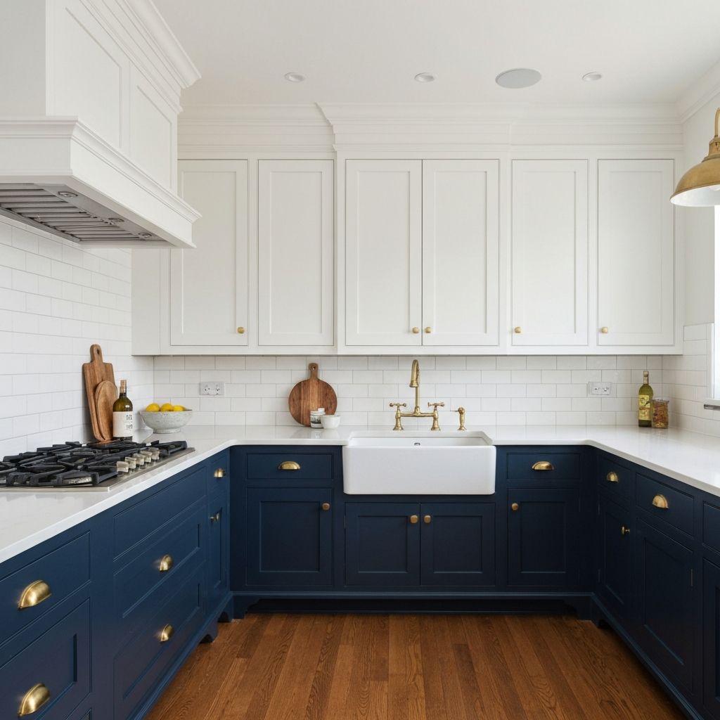 Transitional kitchen with navy blue and white cabinetry