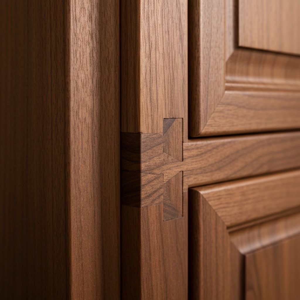 Fine walnut wood joinery detail on custom cabinet